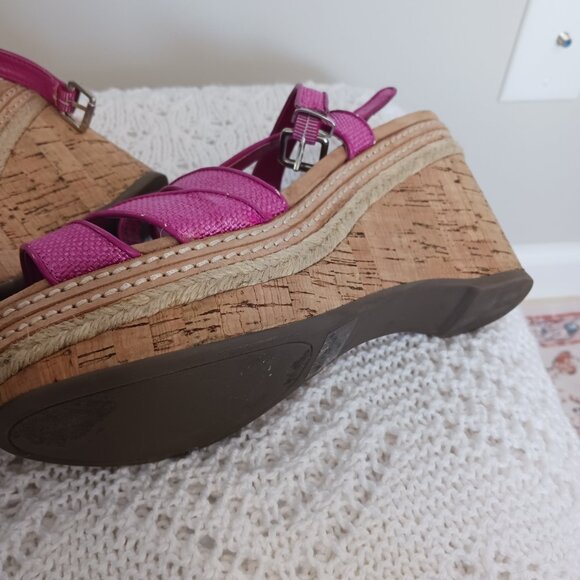 White House Black Market Fuchsia Pink Cork Wedge Sandals Size 8 - Picture 6 of 10